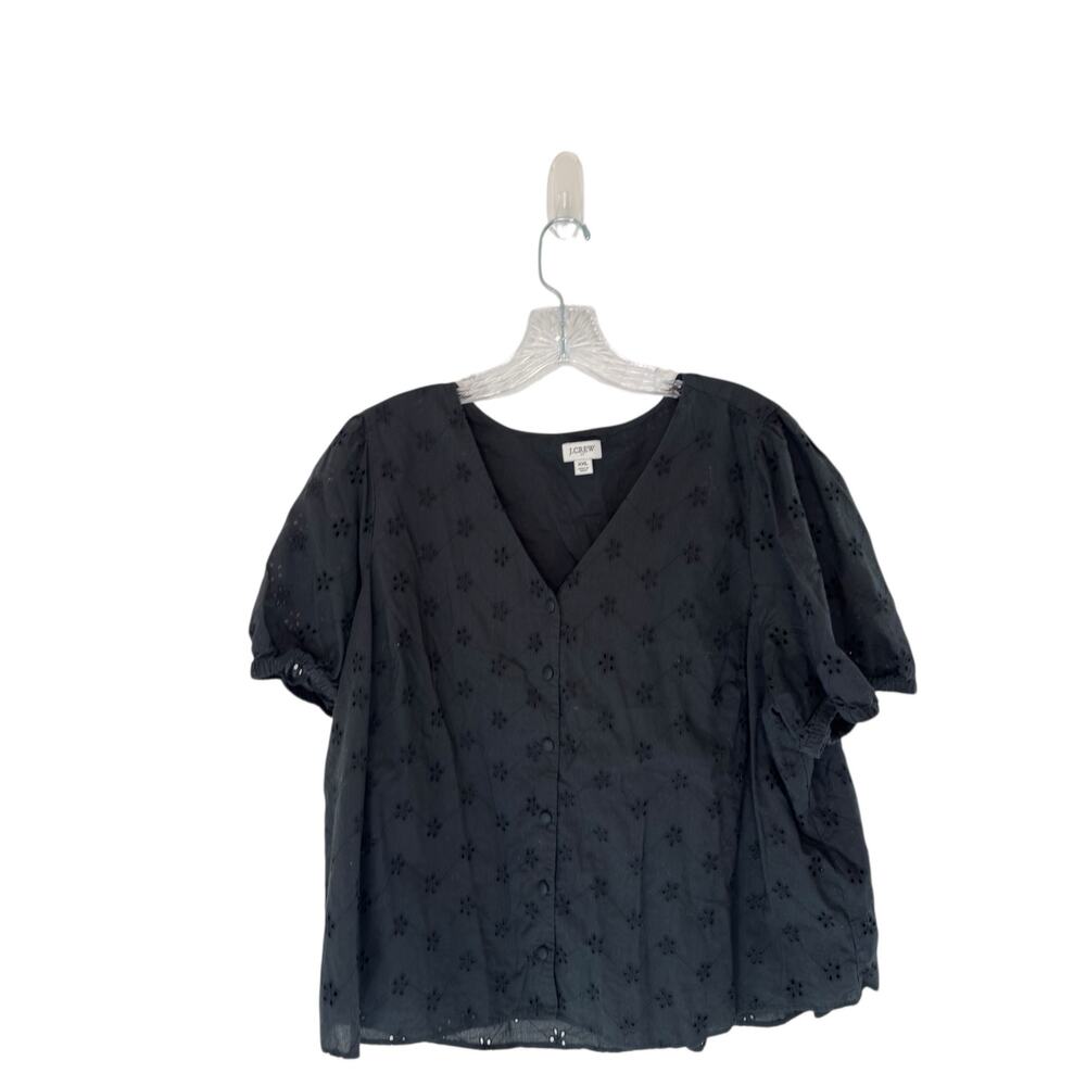 J.Crew Eyelet Button Front Shirt Black V-Neck Basic Short Sleeve Dressy Size XXL
